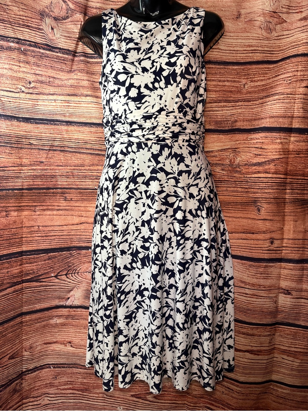 Chaps Navy and White Floral Fit-and-Flare Dress